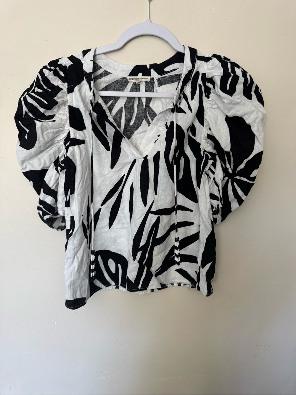 Christian Siriano Black & White Abstract Puff Sleeve Blouse
